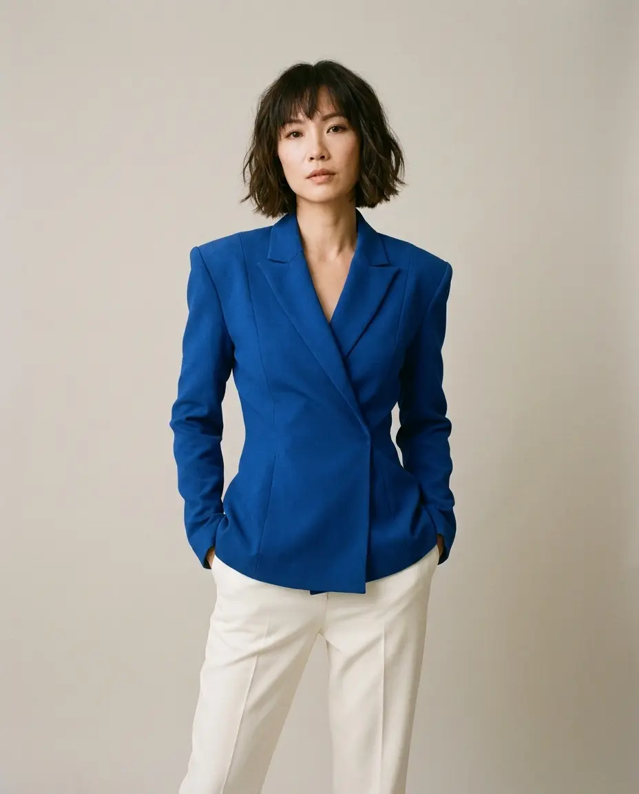 A woman in a structured cobalt wrap blazer and ivory trousers