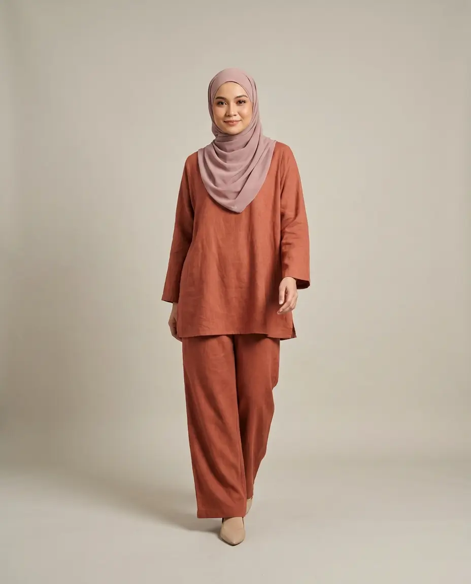 A woman in a tudung wearing a terracotta linen co-ord with wide trousers, mid-step