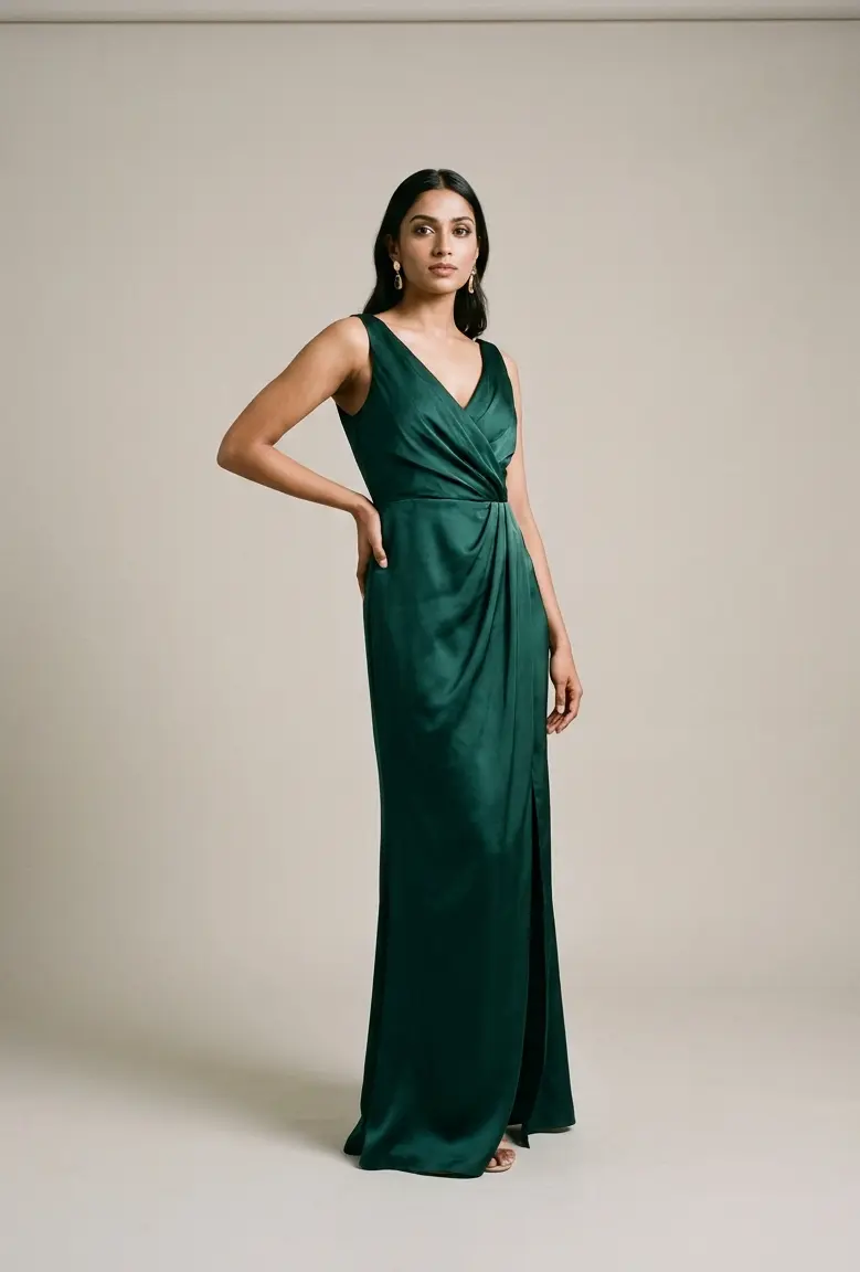 A woman in a deep emerald satin wrap gown, hand on hip