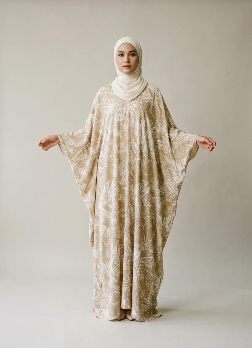 A woman in a cream tudung and a flowing sand-and-white printed kaftan, arms open