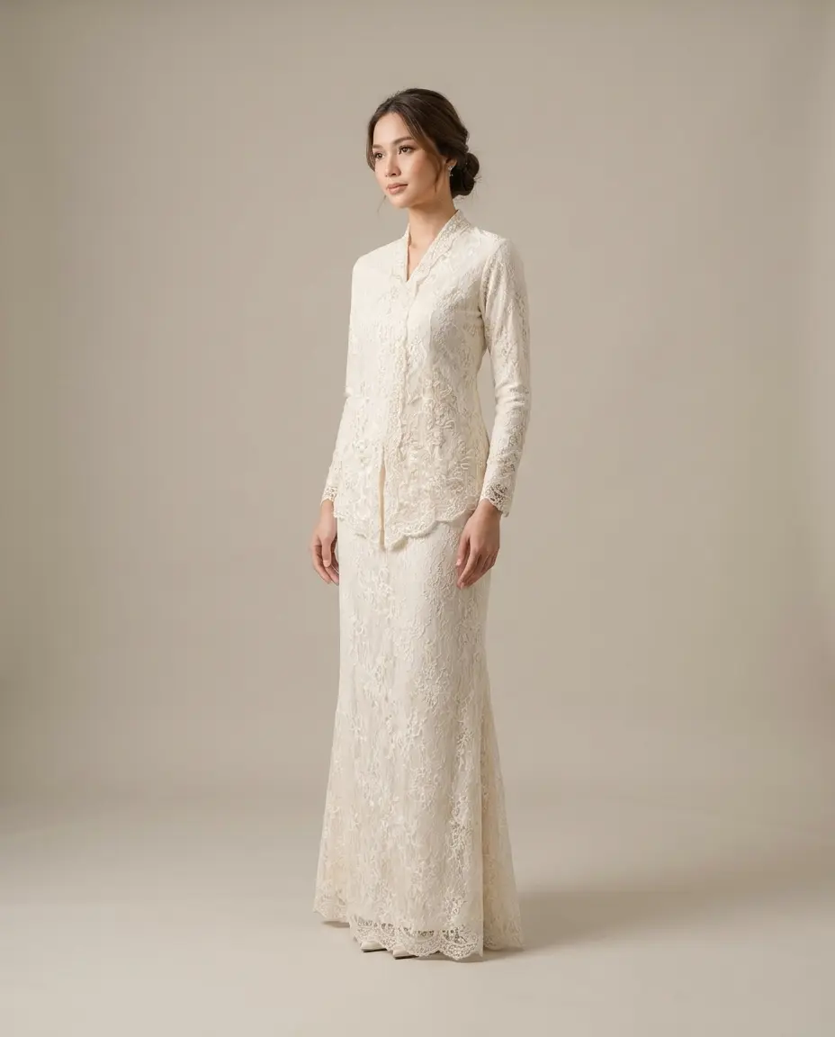 A woman in an ivory lace kebaya-style occasion dress