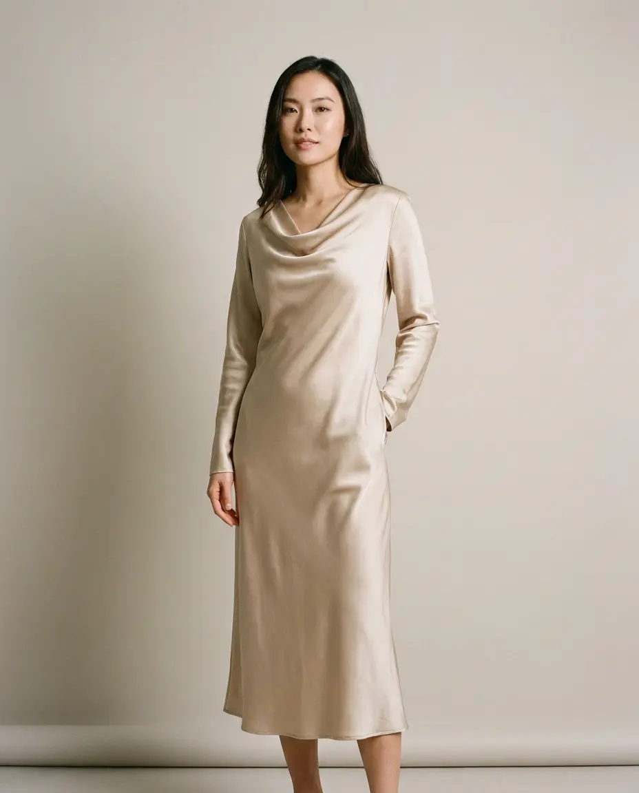 A woman in a champagne silk midi dress with long sleeves against a grey backdrop