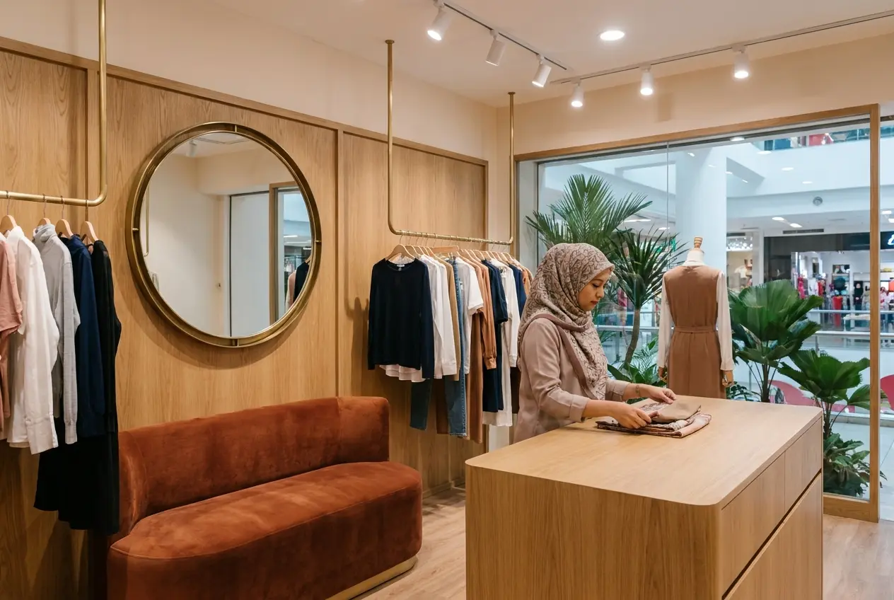 The boutique interior with rails of dresses and a counter by the mall window